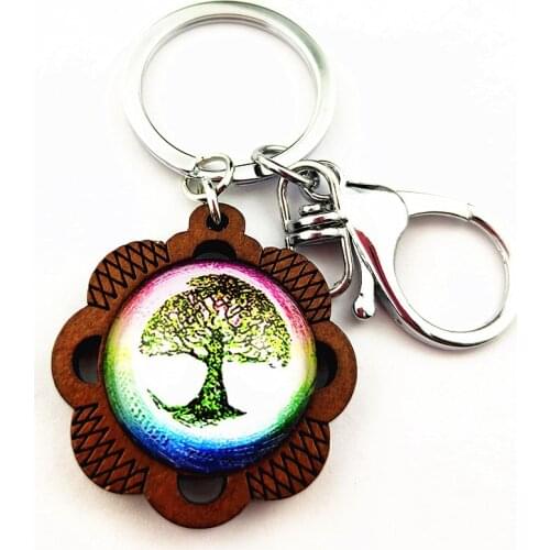 1pcs Hollow flower shaped brown wooden base Keychain with colorful tree of life glass Cabochon for girl women