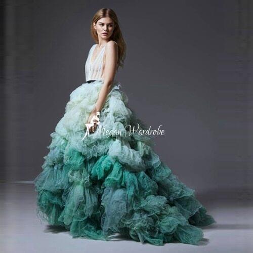 2021 Pretty Extra Puffy Ruffles Tulle Long Dresses Women See Thru Deep V-Neck Backless Tiered Tutu Tulle Prom Gowns Muilty Color