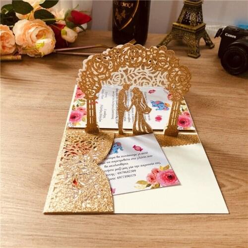 3D Gold Champagne Silver Glitter Laser Cut Invitations Rural Bridal Shower Wedding Cards Personalized Printing DIY Invites 50pc