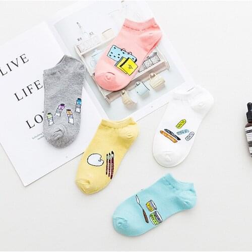 5Pairs/Set Women Socks Print Striped Invisible Footsies Trainer Girl Boat Socks Harajuku Kawaii Socks Women Slippers Size 35-42