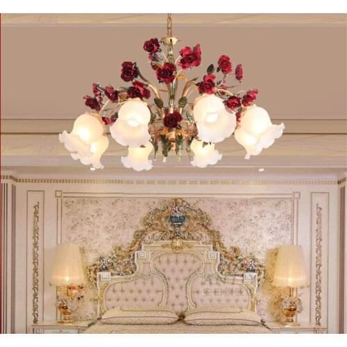 American Retro Red Rose chandelier living room dining room bedroom Korean pastoral romantic flower glass chandelier