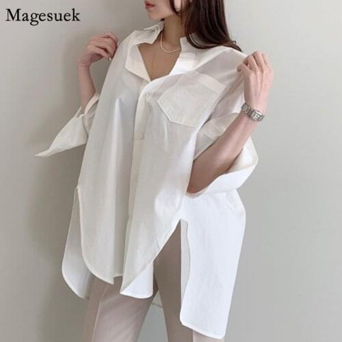 Korean Fashion Split Loose White Cotton Blouses Women Casual Flare Long Sleeve Oversized Shirt Woman Button Loose Tops New 14491