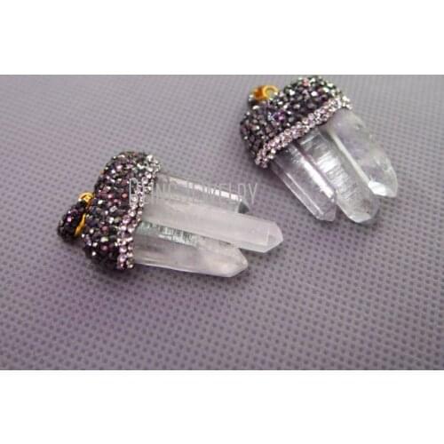 MU150907831 Pave Gun Black and Clear Rhinestone Clear Quartz Point Pendant Crystal Cluster POINT PENDANT