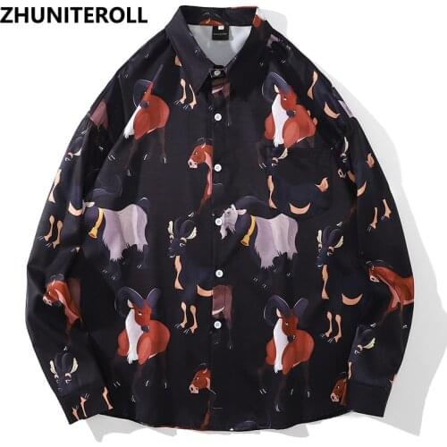 Harajuku Men Hawaiian Shirt Hip Hop Animal Print 2021 Button Beach Shirt Summer Long Sleeve Aloha Shirt Fashion Streetwear Tops