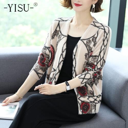 YISU Imitation mink Printed cardigan Sweater Women Cardigans Women V Neck Long sleeve Single Breasted Casual Knit Cardigans
