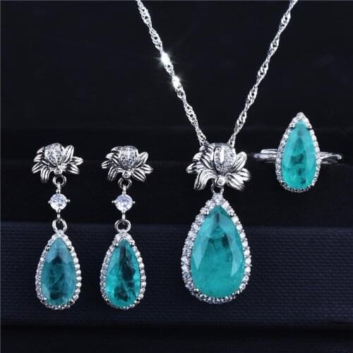 Trendy 925 Sterling Silver Necklace Earrings For Lady Bridal Wedding Jewelry Set Classic Crystal Water Drop Pendant Women Bijou
