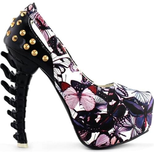 LF80626 Rock Butterfly Studs Cut-out Peep-toe Bone Heels Club Pumps