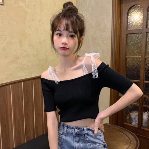 Fashion Knitted Short Sleeve T-Shirt Casual Summer Female Tops Women Lace Up Slim T-shirts