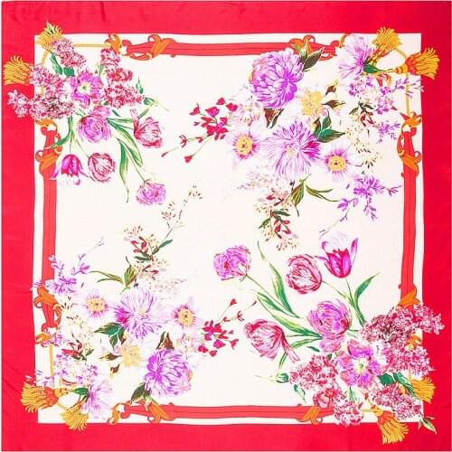 Fashion female scarf Party Valentines day floral 130*130cm twill silk scarf women square scarves new style tassel lady scarf
