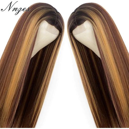NNZES 24 Inches Long Straight Highlights Blonde Synthetic Wig for Women Middle Part False Hair Heat Resistant Fiber