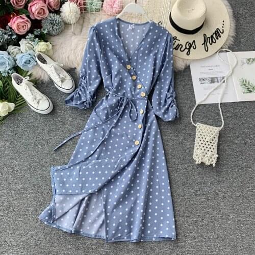 High Quality 2020 Women Blue/Pink Red/Green Dress Elegant V-neck Female Chiffon Dress Vintage Button Polka Dot Dress Vestidos