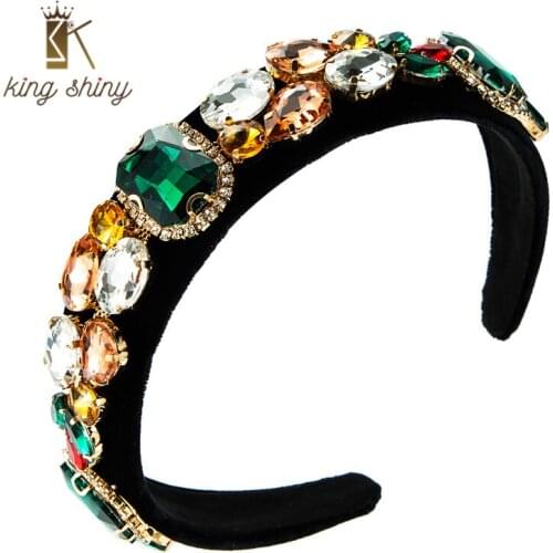 King Shiny Vintage Baroque Colorful Crystal Headband Elegant Sparkly Gem Diamond Beaded Black Velvet Hairband Girls Tiara Crowns
