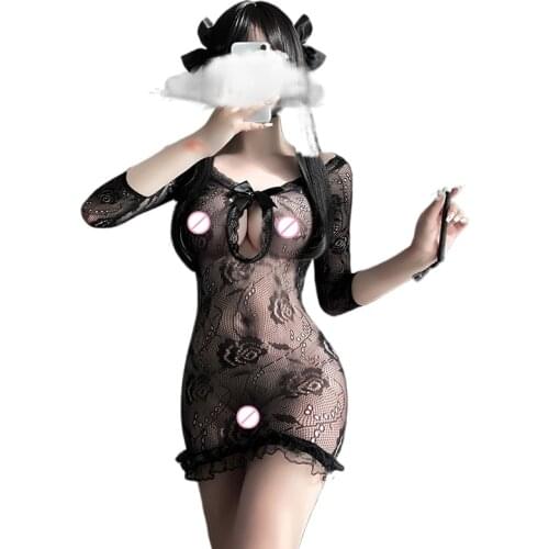 Transparent Bodysuit Bodycon Skirt Mesh Sexy Lingerie Sexi Women Breast Exposing Sex Erotic Underwear Ladies Buttock Lace Dress