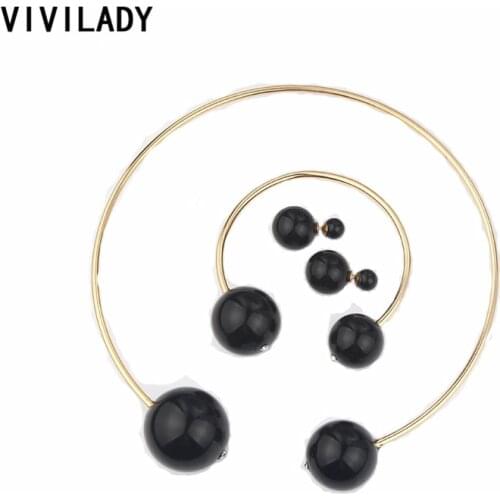 VIVILADY 3pcs/set Fashion Black Imitation Pearl Jewelry Sets Women Wedding Crystal Necklace Bracelet Earrings Bead Collar Gift