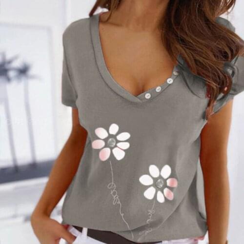 2021 Trending Women Summer Tops Casual V Neck Short Sleeve Basic Tshirts Female Flower Print Button Tee T Shirt Femininal