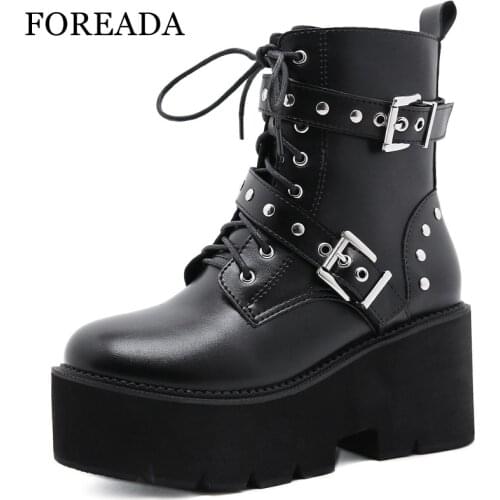 FOREADA Goth Style Woman Motorcycle Boots Platform Thick High Heel Shoes Buckle Round Toe Zipper Ankle Boots Punk Autumn 35-43