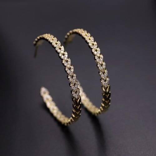 Charm Gold Color Luxury Leaf Big Round Hoop Earrings Cubic Zirconia Stone Circle Woman Earings Fashion Party Jewelry Girls Gifts