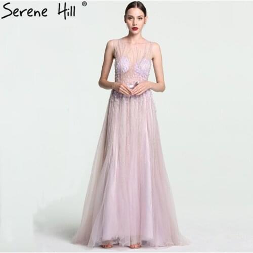 Sexy See Through Lilac Long Prom Dresses 2020 New Style Beaded Sequins Floor Length Evening Gowns Serene Hill BLA6122