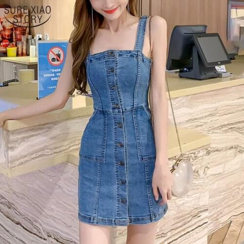 Denim Dress Spaghetti Strap Sundress Button Blue Party Dress Women Vintage Casual Solid Vintage Chic Sexy Female 13349