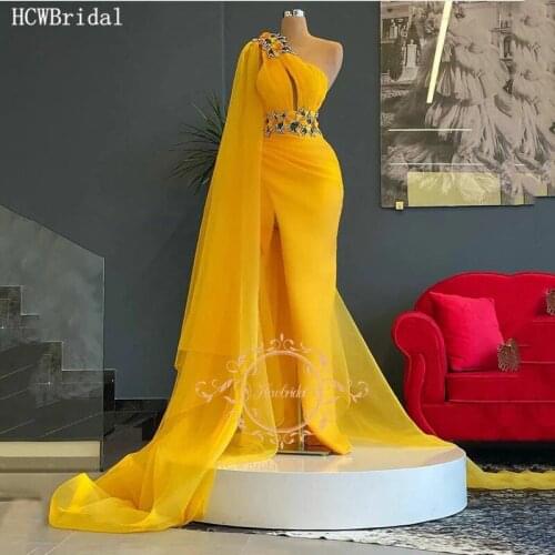 One Shoulder Gold Long Formal Evening Dress With Cape High Slit Beads Flowers Organza Women Formal Gowns For Evening Party