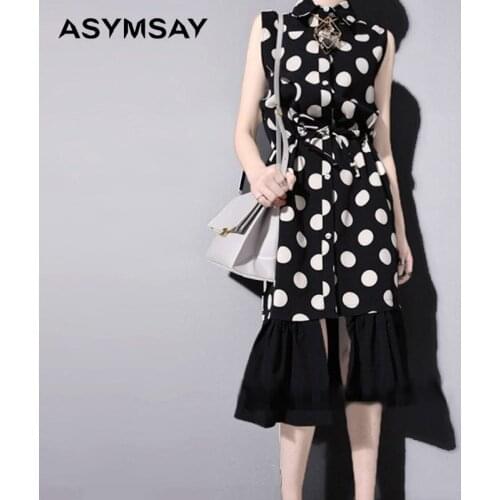Womens Fashion New Style Long Sleeveless Blouse Dress Waist Lace-up Hem Pleated Flounced dress polka dot dresses black white