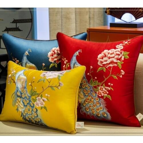 Fine Embroidery Animal Peacock Flower Chair Back Cushion Sofa Pillow Cover Office Home Decor Armchair Lumbar Pillowcase Backrest