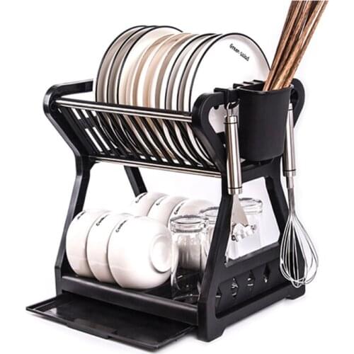 W3JA Double-layer Kitchen Dish Bowl Draining Storage Rack with Chopstick Cage Household Tableware Organizer Tray