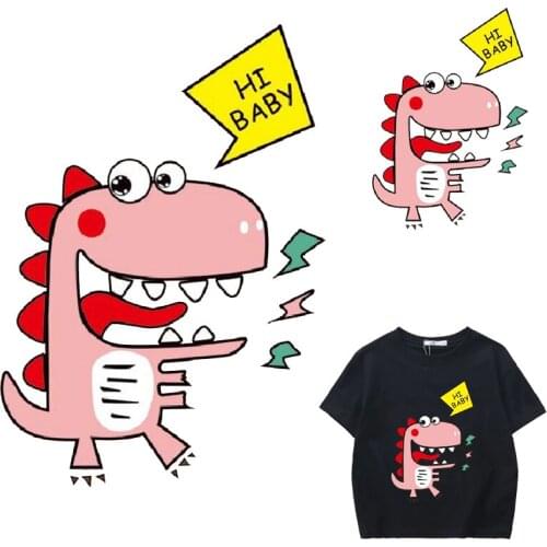 Hi Baby Dinosaur Iron On Transfer Stickers On Clothes Transfers Cartoon Stickers Stripes For Clothing T shirt Kids DIY Applique