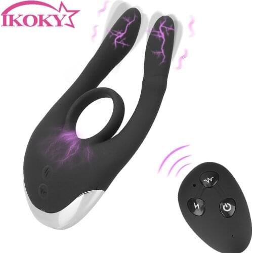 IKOKY Cock Rings Electric Shock 10 Speed Vibrating Penis Ring Penis Delay Ejaculation Dildo Vibrator Anal Clitoris Stimulation
