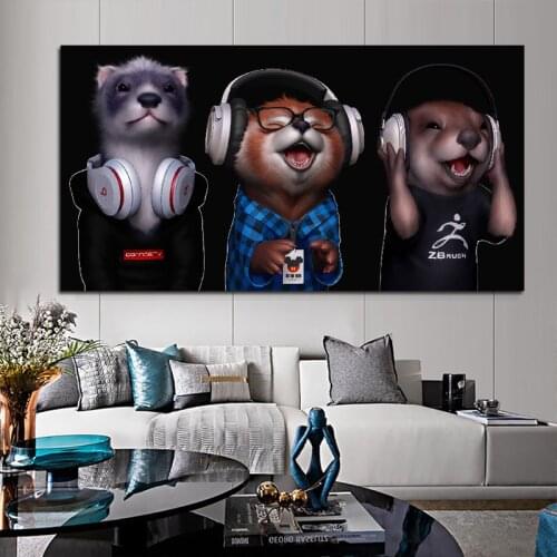 Animal Painting Funny Mouse Headphone Poster Canvas Oil Wall Art Posters and Print Canvas Prints for Living Room Decoration