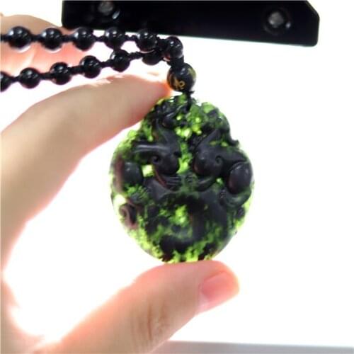 Chinese Black Green Jade Dragon Pendant Natural Obsidian Pixiu Necklace Charm Jewellery Fashion Amulet Gift Men Women