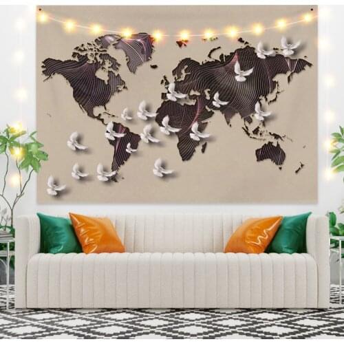 Brown World Map Champagne Tapestry Vintage Exotic Summer Plant Nature Frame for Bedroom Photography Wall Decor