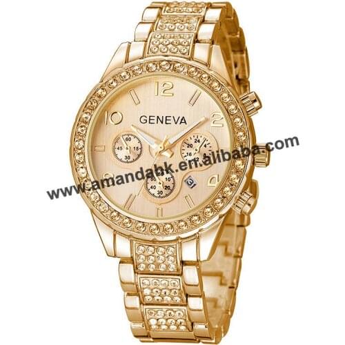 Hot Wholesale Geneva 1752 Woman Watch Luxury Geneva Alloy Rhinestone Quartz Watches Crystal Calendar Women Wholesale Wristwatch