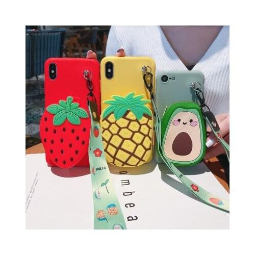 3D Cute Wallet Case for Huawei Honor Play3 9X 20 Pro 20S Y9S Nova 5T Soft Cover with Lanyard Strawberry Avocado Pineapple case