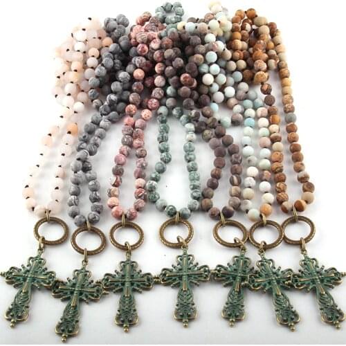 Fashion Bohemian Tribal Jewelry Fashion Natural Semi Precious Stones Knotted Metal Cross Necklace