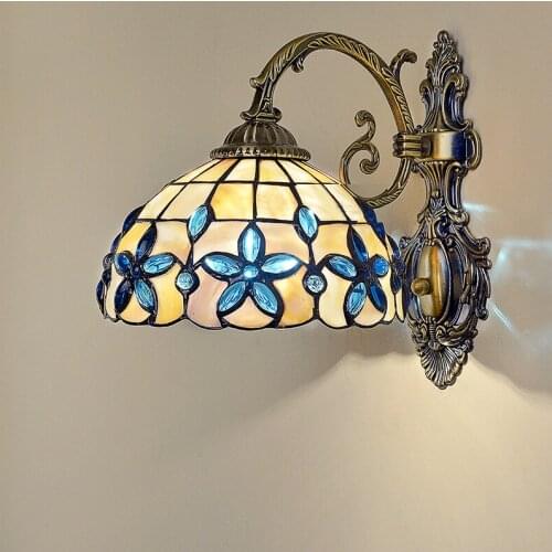28cm Mediterranean sea blue flower lilac wall lamp. crystal beads shell stained glass mirror lights bedroom bedside lamp