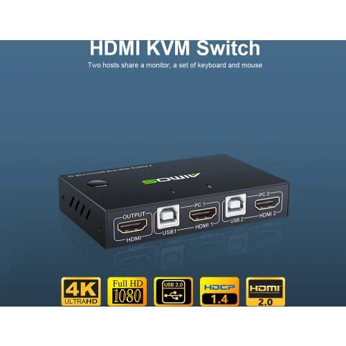 AIMOS KVM Switcher 4K 2 in 1 out KVM Switcher Keyboard Mouse USB Shared Display Synchronization Controller USB KVM Switch