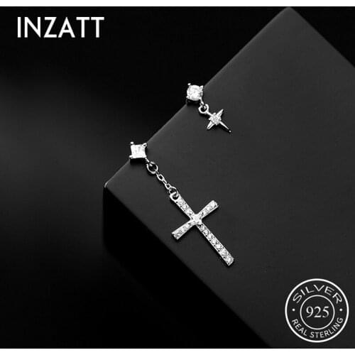 INZATT Real 925 Sterling Silver Zircon Cross Star Stud Earrings For Fashion Women party Minimalist Fine Jewelry Punk Accessories
