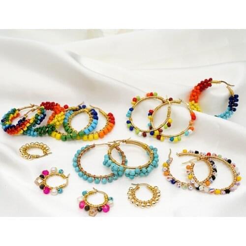 Shinus Beaded Hoop Earrings Statement Earring Rainbow Ear Ring for Women Bohemian Boho Jewelry 2021 Stainless Steel Circle