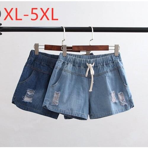 New 2021 Korea summer plus size jeans shorts for women large loose blue elastic waist hole pocket belt denim shorts 3XL 4XL 5XL