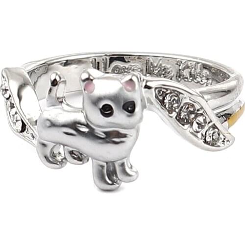 8Seasons Unadjustable Rings Gold/Silver Color Cat Animal Rhinestone For Women Party Club Fashion Jewelry 16.5mm, 2PCs