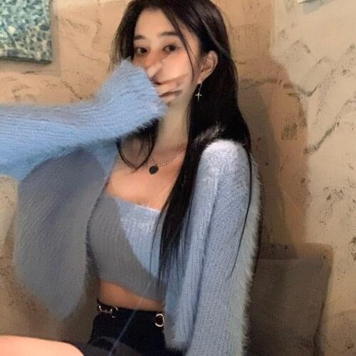 2021 spring autumn korean style soild Color Soft knittd sweater cardigans womens+Vintage tank top 2 pcs set clothing (C9880)