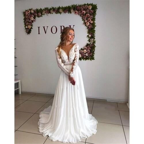 Vintage Long Sleeves Wedding Dress Lace Chiffon Open Back A Line Bride Gowns Elegant Plus Size 2020 Robe De Mariee Sweep Train
