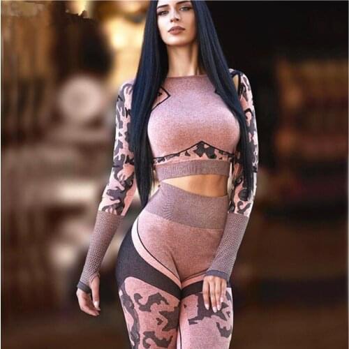 Women Yoga Sets Camouflage Sports Sets Long Sleeve Crop Top Shirts High Waist Yoga Pants Fitness Gym Seamless Clothing Yoga Suit