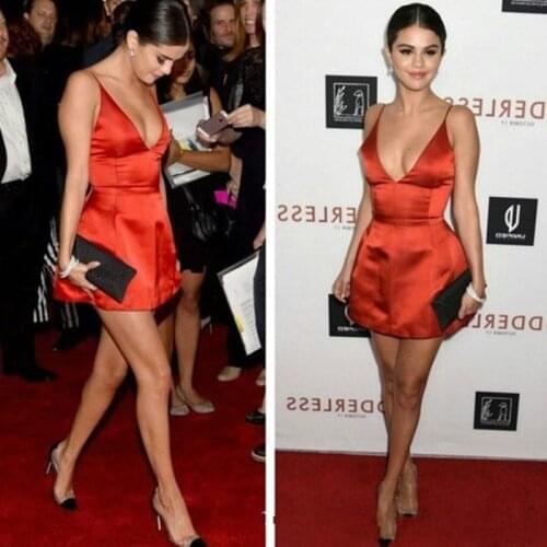 Sexy Selena Gomez Red Deep V Neck Evening Dresses Short Formal Celebrity Special Occasion Dress Party Gown Custom Made Plus Size