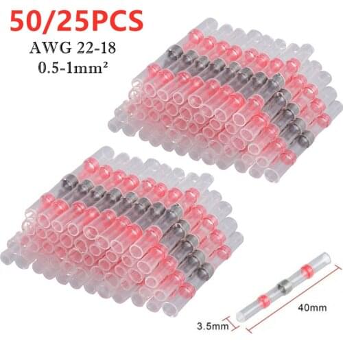 50/25PCS Red Heat Shrink Soldering Terminals Insulated Waterproof Butt Wire Connectors Electrical Wire Soldered Terminals