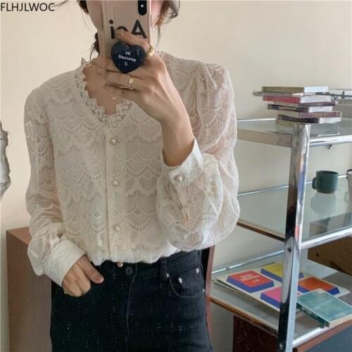 Hot Sales New Design Womens Fashion Long Sleeve Elegant Office Lady Basic Shirts V Neck Lace Korea Chic Tops Blouses O1251