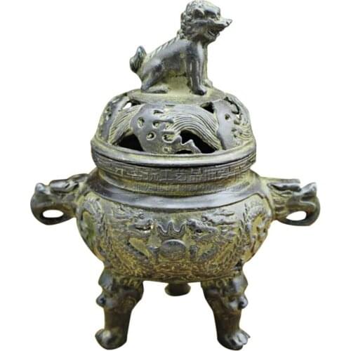 Bronze lion tripod antique handicraft ornament antique censer