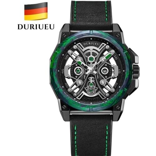 Germany DURIUEU Men Skeleton Automatic Mechanical Casual Wristwatch Transparent Dial Hollow Sapphire Crystal Relogio Masculino