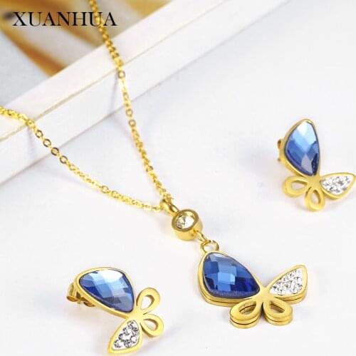 XUANHUA Stainless Steel Jewelry sets Woman Vogue 2019 Glass Stone Necklace Earrings Set Jewelry Accessories Mass Effect